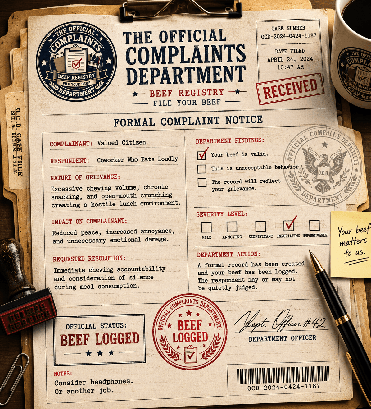 Sample formal complaint notice from The Official Complaints Department